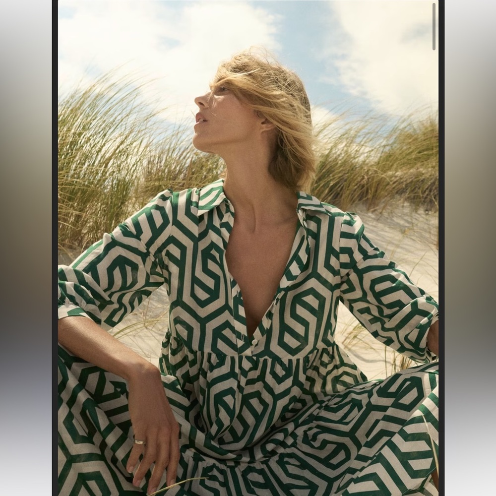 Zara geometric print green cotton maxi dress